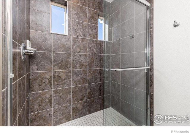 bathroom featuring a shower with shower door