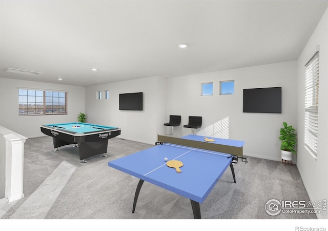 rec room featuring light carpet and billiards