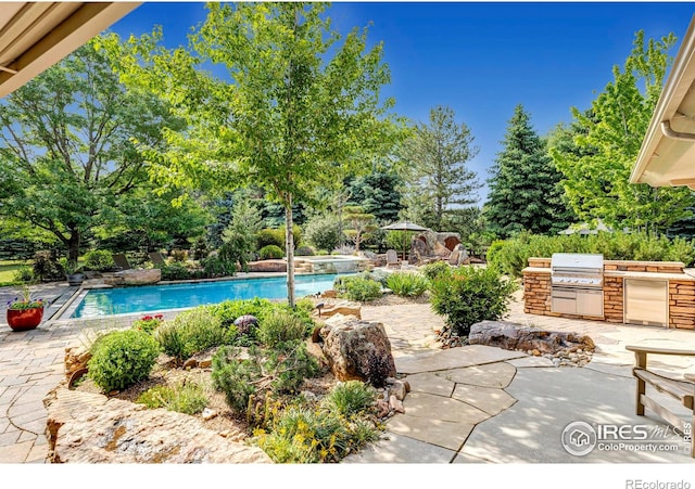 view of swimming pool with area for grilling, a patio, and grilling area