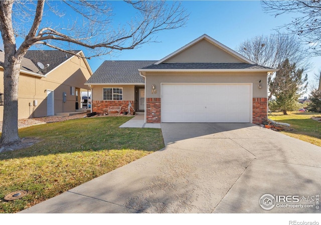 ranch-style house with a garage and a front yard