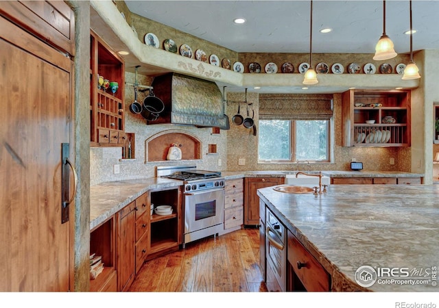 kitchen with pendant lighting, sink, light hardwood / wood-style flooring, light stone countertops, and stainless steel appliances