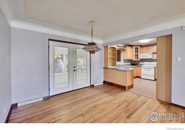 kitchen with white appliances, a baseboard heating unit, decorative light fixtures, kitchen peninsula, and light wood-type flooring