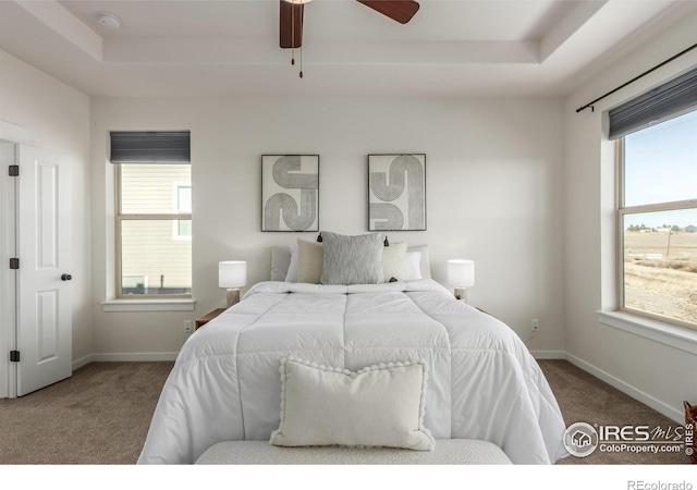 bedroom with carpet flooring, ceiling fan, and a tray ceiling