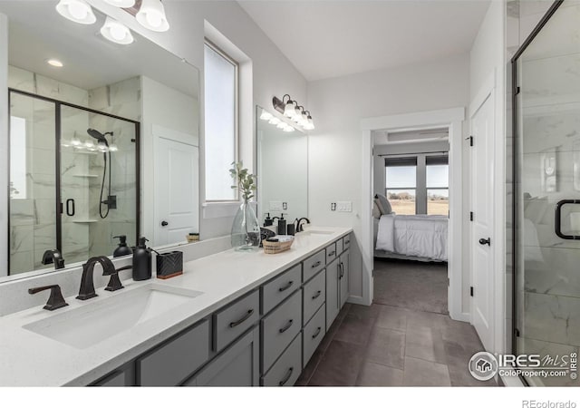 bathroom with vanity and walk in shower