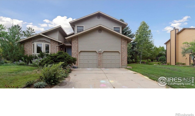 view of front of home with driveway, brick siding, and a front yard