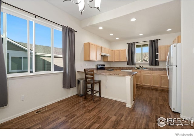 kitchen with a kitchen breakfast bar, stainless steel range with electric stovetop, sink, white fridge, and dark hardwood / wood-style floors