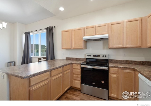 kitchen with light brown cabinetry, stainless steel range with electric cooktop, and white dishwasher