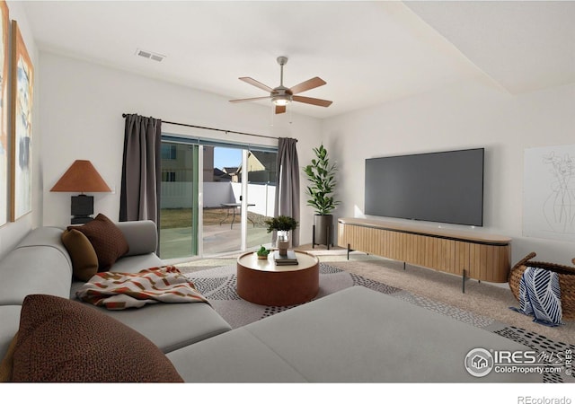 living room with ceiling fan