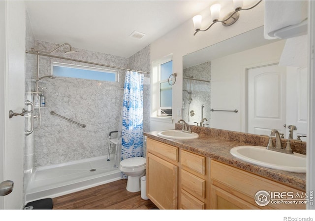 bathroom with vanity, curtained shower, toilet, and wood-type flooring