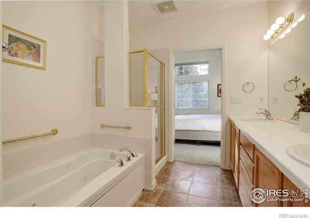 bathroom with vanity and plus walk in shower