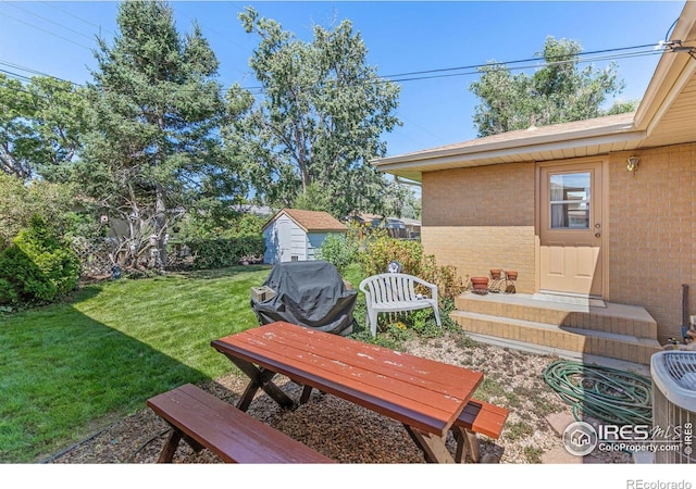 view of yard featuring a shed