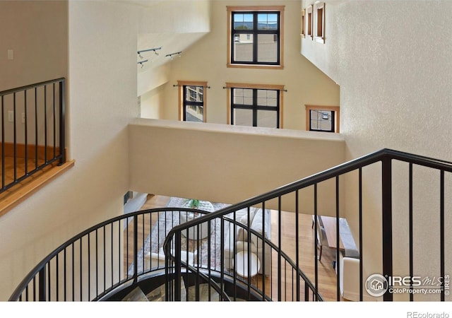 staircase featuring track lighting and plenty of natural light