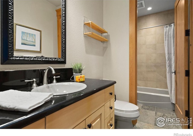 full bathroom with vanity, toilet, and shower / bathtub combination with curtain