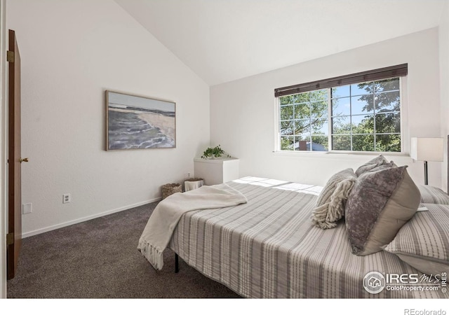 carpeted bedroom featuring lofted ceiling