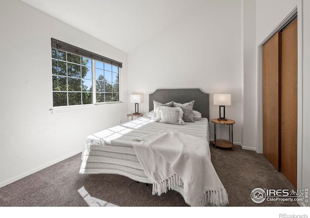 bedroom with dark colored carpet, lofted ceiling, and a closet