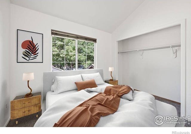 carpeted bedroom featuring a closet and vaulted ceiling