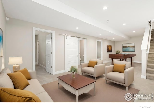 living room with a barn door