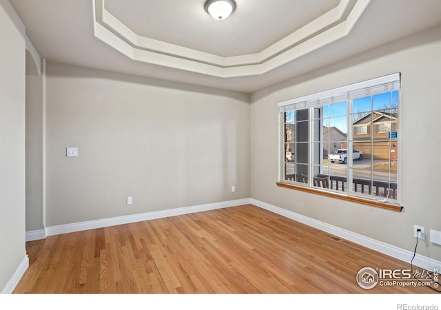 spare room with wood-type flooring and a raised ceiling