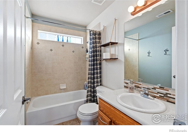 full bathroom featuring shower / bathtub combination with curtain, backsplash, vanity, and toilet