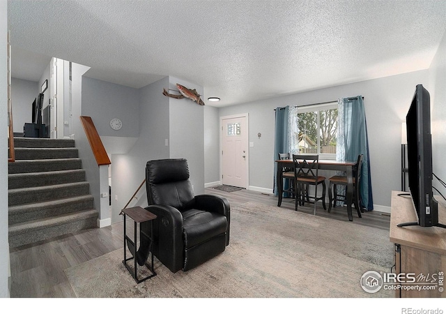 living room featuring hardwood / wood-style floors and a textured ceiling