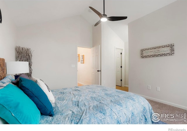 carpeted bedroom featuring a ceiling fan, high vaulted ceiling, and baseboards