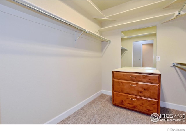 walk in closet featuring light carpet