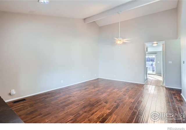 unfurnished room with ceiling fan, lofted ceiling with beams, and dark hardwood / wood-style floors