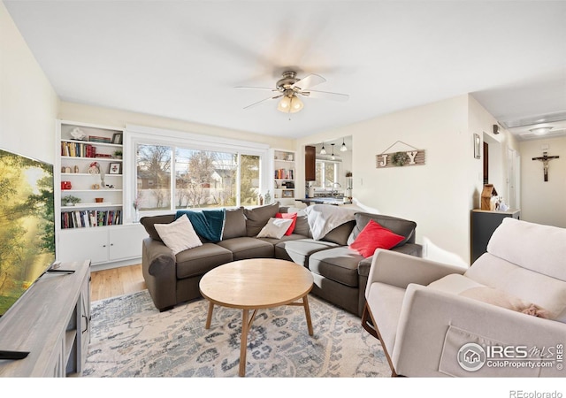 living room with ceiling fan and light wood-type flooring