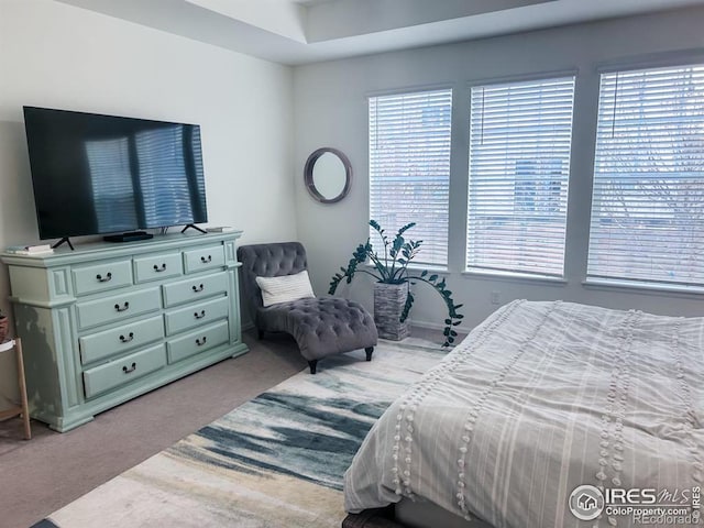 bedroom with light carpet and multiple windows