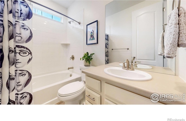 full bathroom with vanity, toilet, and shower / bathtub combination with curtain