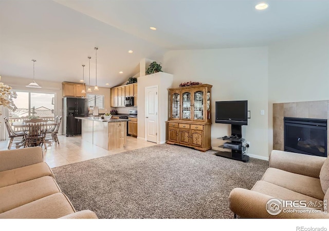 living room featuring high vaulted ceiling