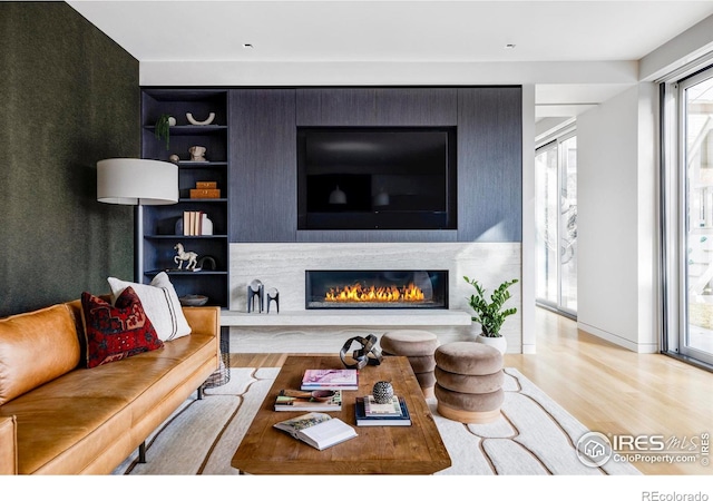 living room with built in shelves and light hardwood / wood-style flooring