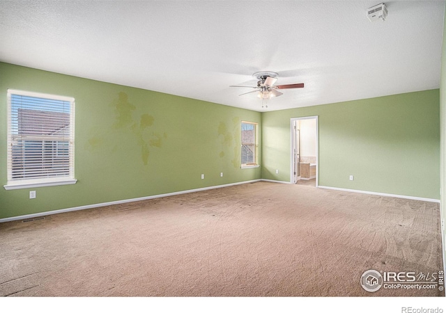 carpeted spare room with ceiling fan and a wealth of natural light