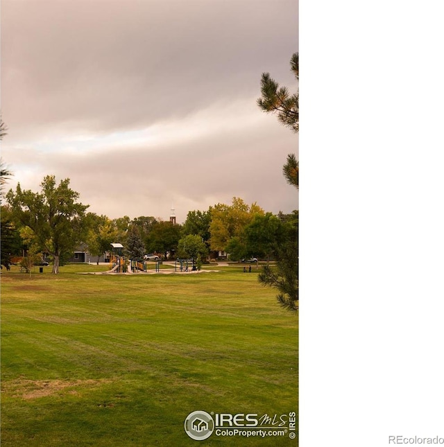 view of community featuring a lawn and playground community