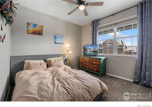 bedroom with ceiling fan and carpet floors