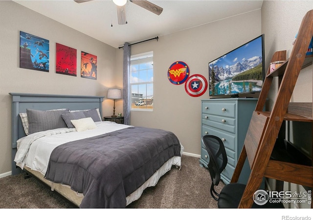 bedroom featuring dark colored carpet and ceiling fan