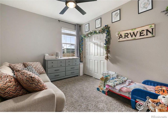 bedroom with ceiling fan and carpet flooring