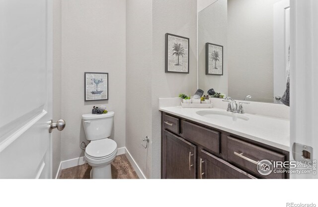 bathroom featuring vanity, toilet, and hardwood / wood-style floors