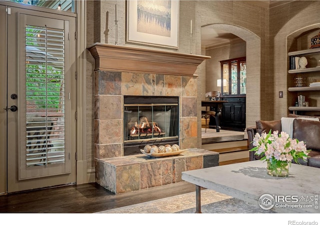 living room with a healthy amount of sunlight, a fireplace, dark wood-type flooring, and built in features