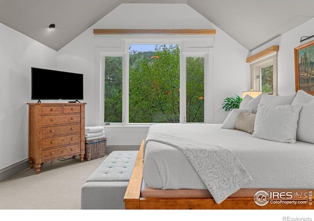 carpeted bedroom with vaulted ceiling