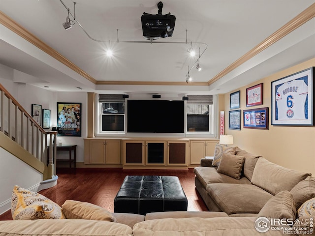 living room with a raised ceiling, dark hardwood / wood-style flooring, track lighting, and ornamental molding