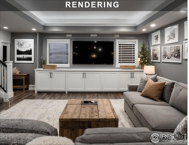 living room featuring a tray ceiling, crown molding, and dark hardwood / wood-style floors