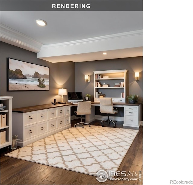 home office with hardwood / wood-style flooring, built in desk, and ornamental molding