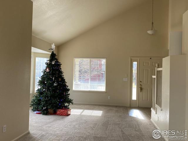 foyer with light colored carpet and vaulted ceiling