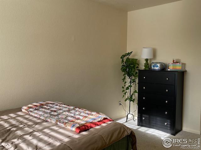 bedroom with light colored carpet