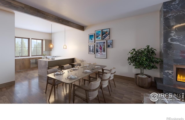 dining room with a fireplace, beamed ceiling, and dark wood-type flooring