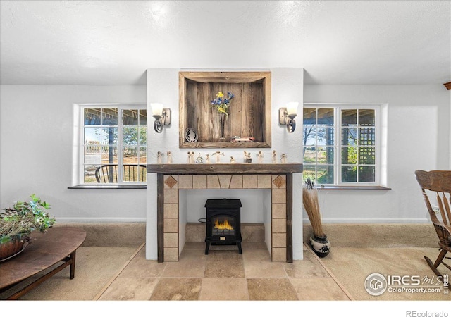 living room with a wood stove