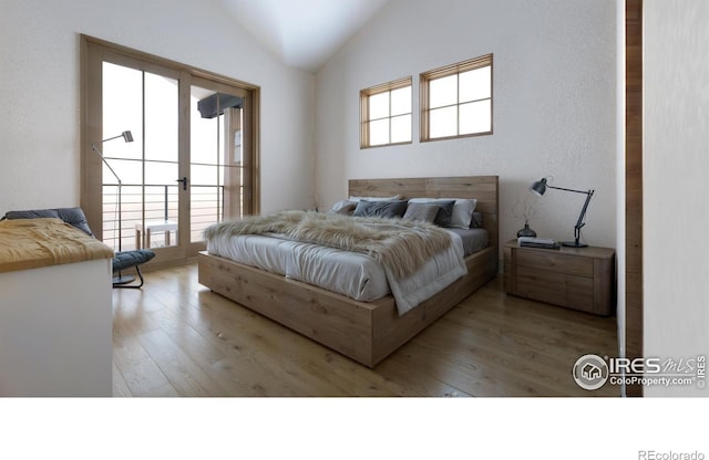 bedroom with access to outside, multiple windows, and light hardwood / wood-style floors