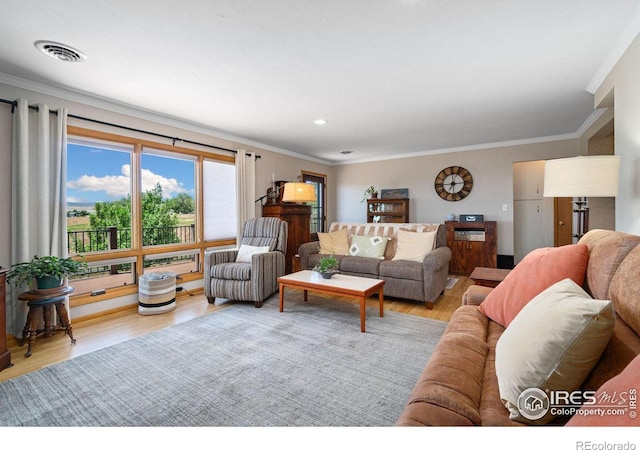 living room with ornamental molding and light hardwood / wood-style flooring