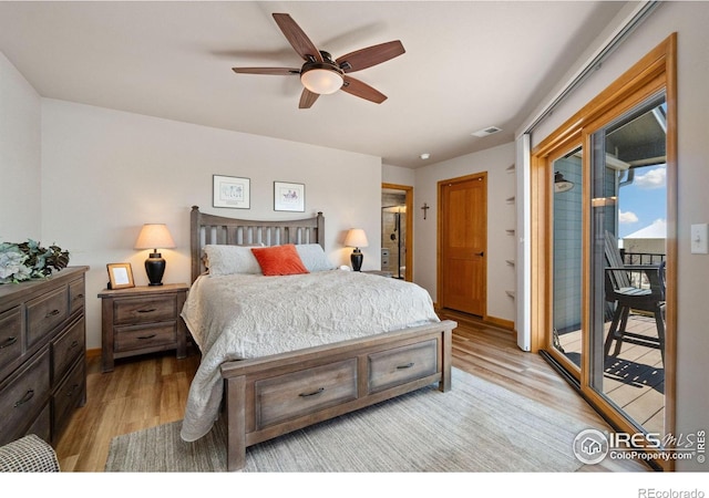 bedroom with access to outside, light hardwood / wood-style floors, and ceiling fan